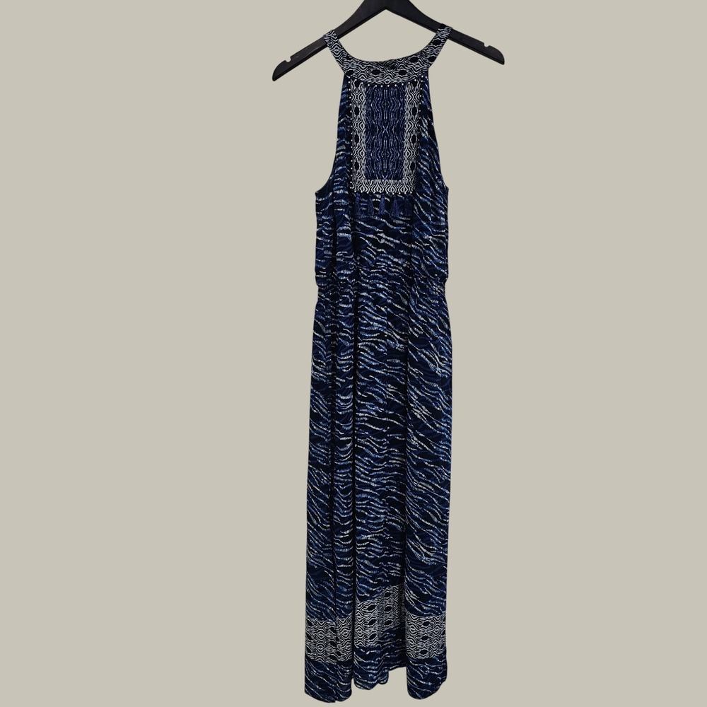 White House Black Market Size 16 Blue Ikat Halter Maxi Dress Tassels Beads